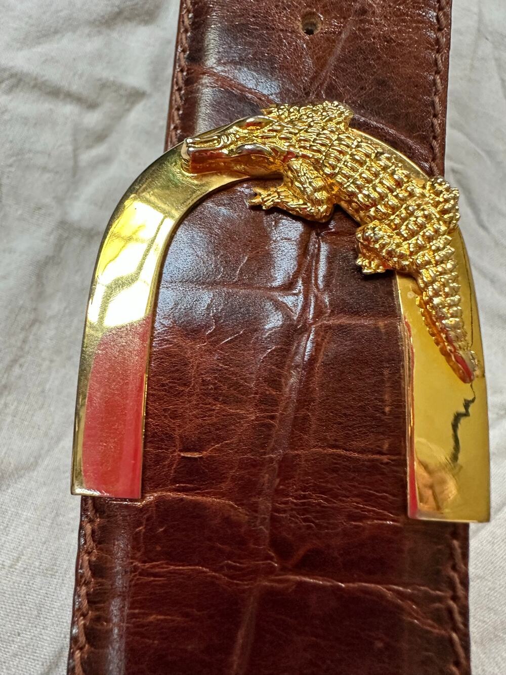 Vintage Crocodile Leather Belt gold alligator Buckle woman S 34” long 2” wide